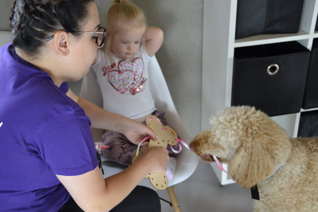 Dogoterapia. Zdjęcie przedstawia dogoterapeutę, psa oraz kilkuletnią dziewczynkę w trakcie indywidualnych zajęć dogoterapeutycznych. 